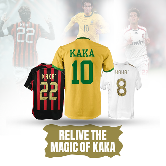 Kaká career tribute thumbnail with Brazil #10, AC Milan #22, and Real Madrid #8 jerseys, promoting a blog post on his best moments.