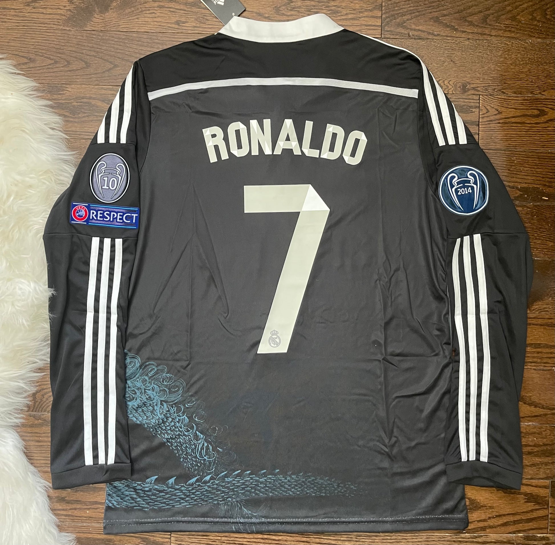 Cristiano Ronaldo Real Madrid Retro Away Dragon Soccer Jersey Long Sleeves